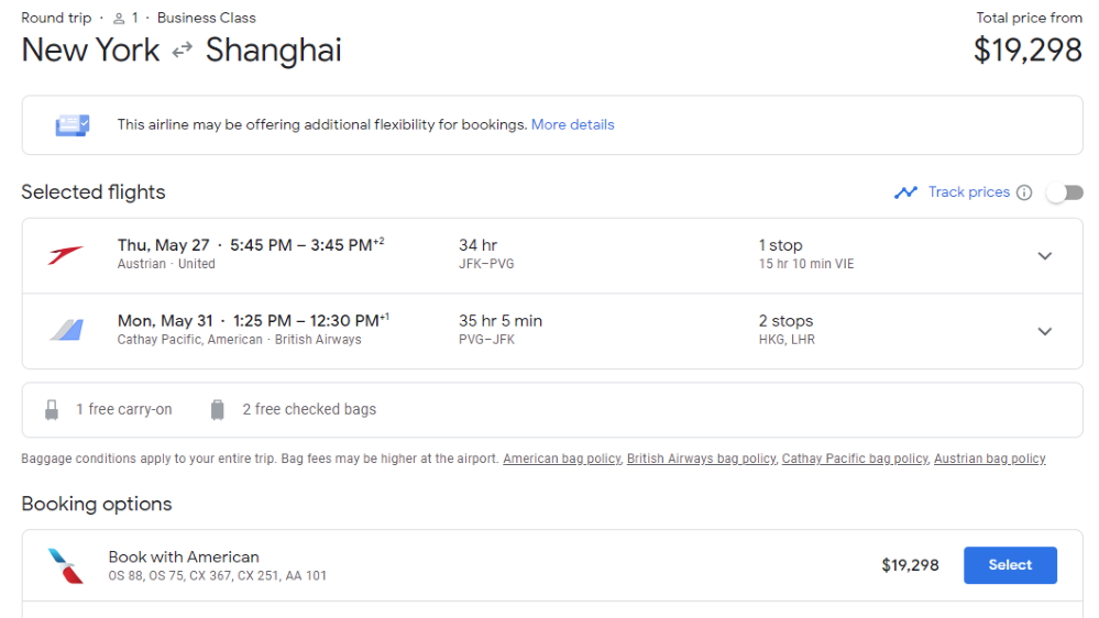 New York to China Business Class